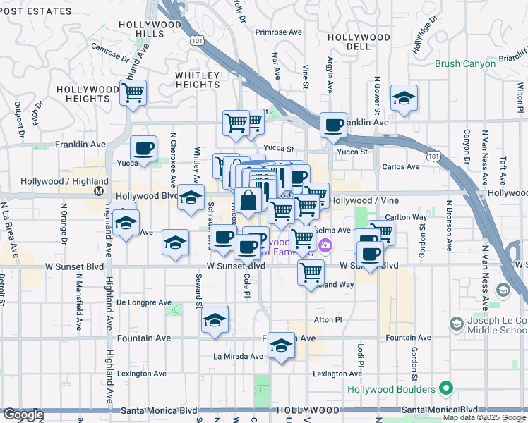map of restaurants, bars, coffee shops, grocery stores, and more near in Los Angeles