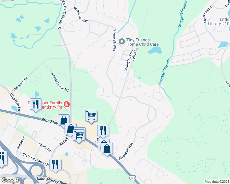 map of restaurants, bars, coffee shops, grocery stores, and more near 616 Riverwalk Way in Irmo