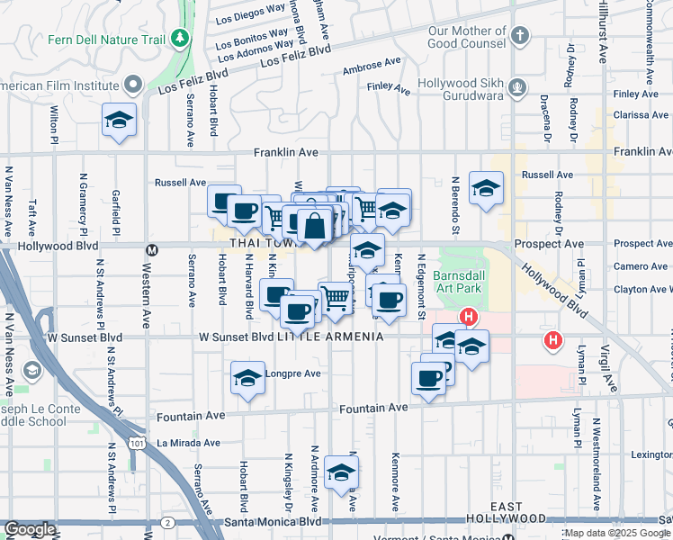 map of restaurants, bars, coffee shops, grocery stores, and more near 1624 Normandie Avenue in Los Angeles