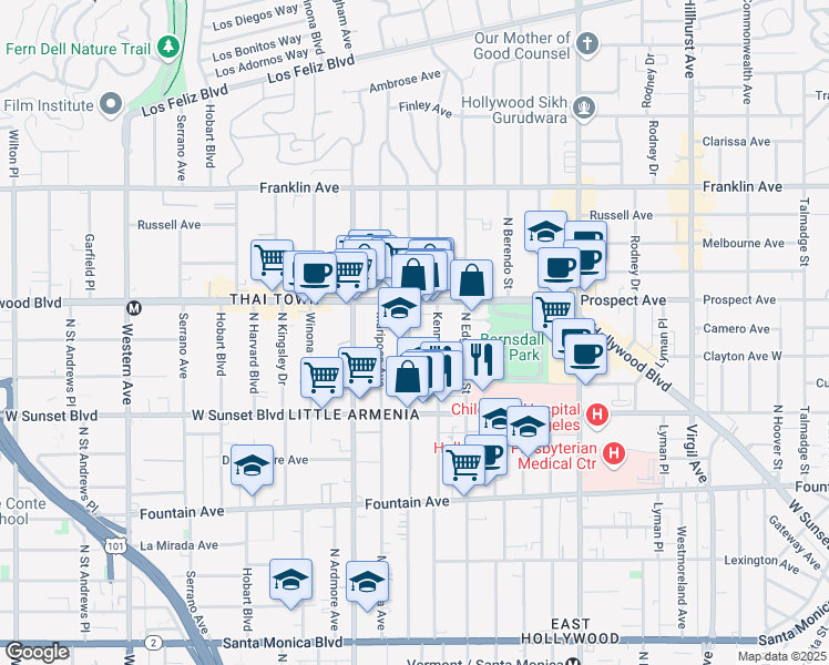 map of restaurants, bars, coffee shops, grocery stores, and more near 1628 Alexandria Avenue in Los Angeles
