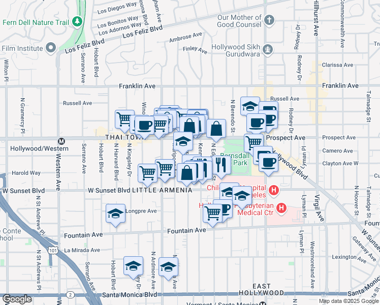 map of restaurants, bars, coffee shops, grocery stores, and more near 1628 Alexandria Avenue in Los Angeles