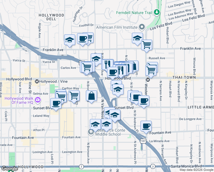 map of restaurants, bars, coffee shops, grocery stores, and more near 5741 Carlton Way in Los Angeles