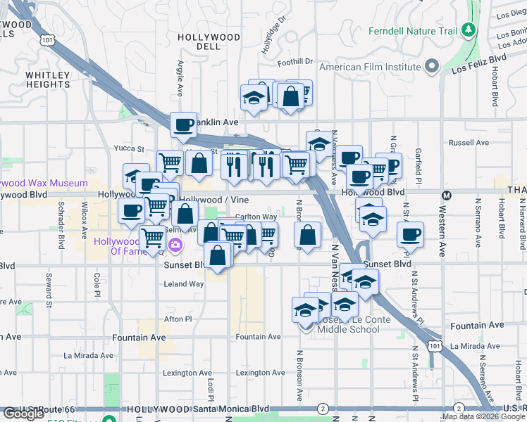 map of restaurants, bars, coffee shops, grocery stores, and more near 6001 Carlton Way in Los Angeles