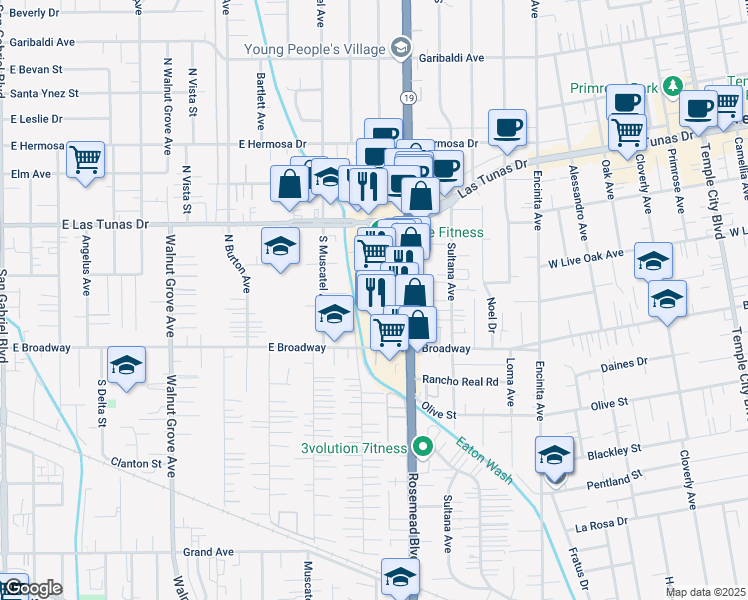 map of restaurants, bars, coffee shops, grocery stores, and more near 5585 Rosemead Boulevard in Temple City