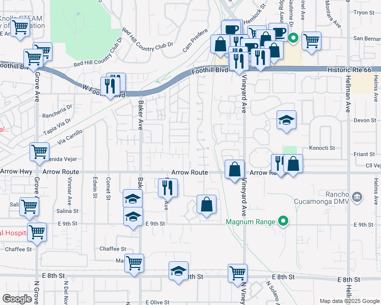 map of restaurants, bars, coffee shops, grocery stores, and more near 8419 Floro Place in Rancho Cucamonga