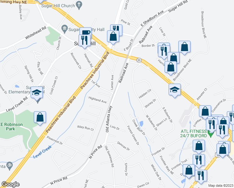 map of restaurants, bars, coffee shops, grocery stores, and more near 1237 Railroad Avenue in Sugar Hill