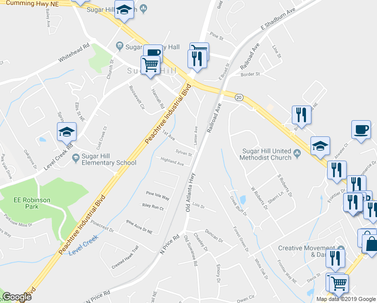 map of restaurants, bars, coffee shops, grocery stores, and more near 4753 Sylvan Street in Sugar Hill