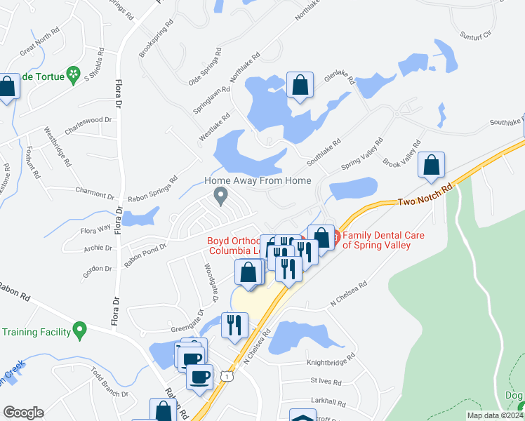 map of restaurants, bars, coffee shops, grocery stores, and more near 1683 Rabon Farms Lane in Columbia
