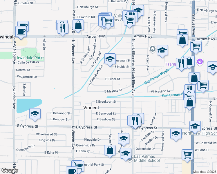 map of restaurants, bars, coffee shops, grocery stores, and more near 16682 East Greenhaven Street in Covina