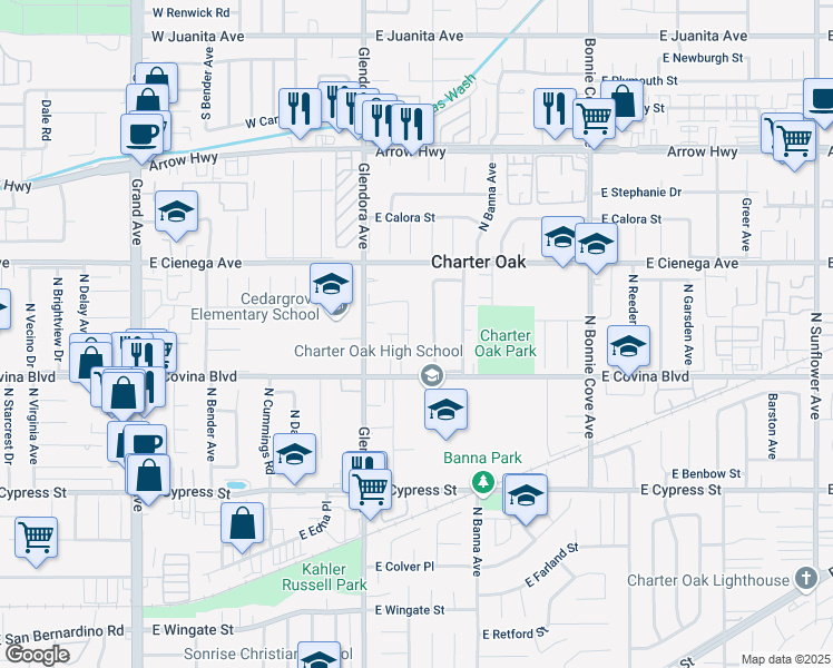 map of restaurants, bars, coffee shops, grocery stores, and more near 1158 North Ivescrest Avenue in Covina