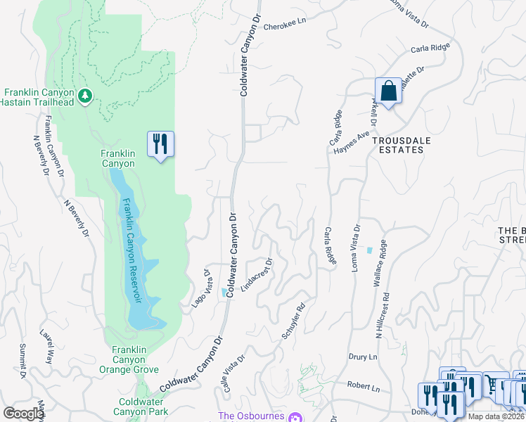map of restaurants, bars, coffee shops, grocery stores, and more near 9455 Lloydcrest Drive in Beverly Hills