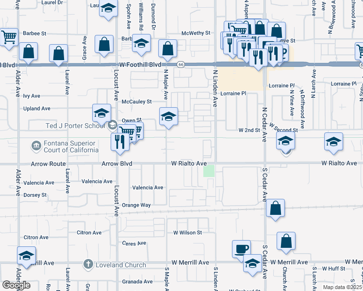 map of restaurants, bars, coffee shops, grocery stores, and more near 1624 West Rialto Avenue in Rialto