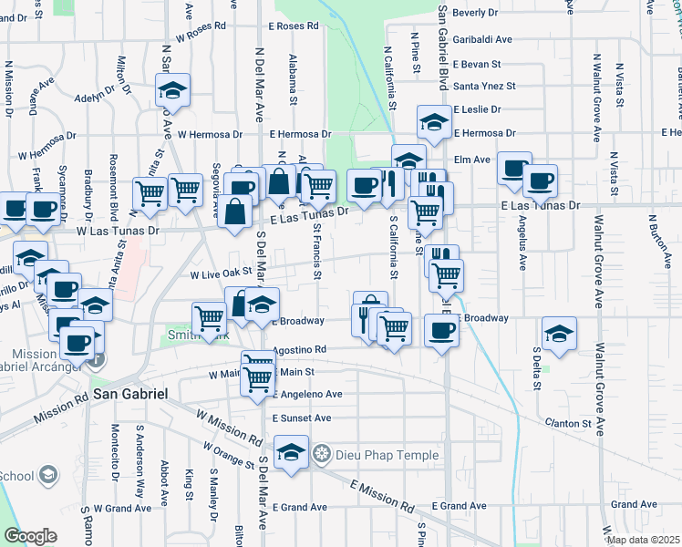 map of restaurants, bars, coffee shops, grocery stores, and more near 322 East Live Oak Street in San Gabriel