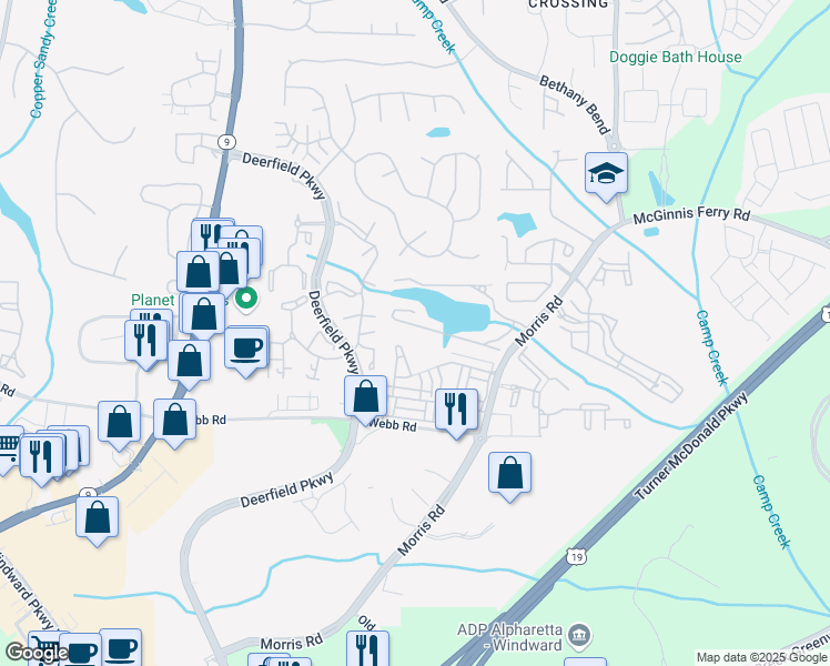 map of restaurants, bars, coffee shops, grocery stores, and more near 3379 Lathenview Court in Alpharetta