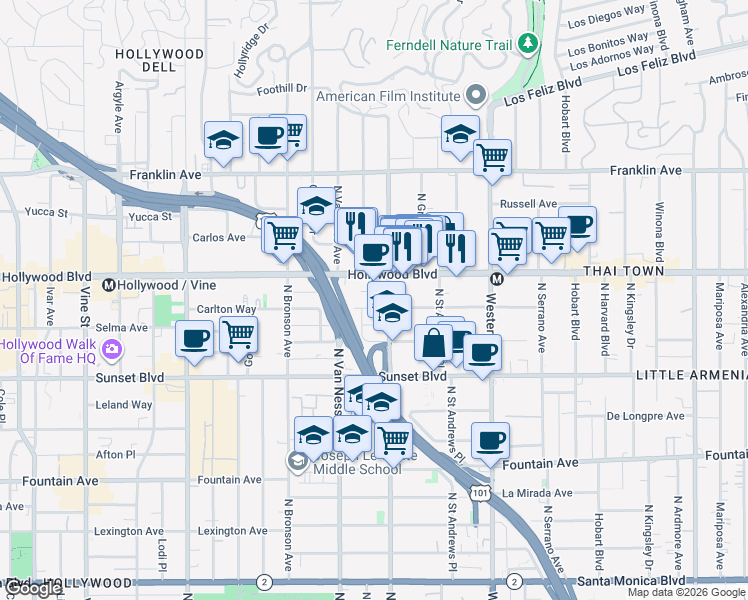 map of restaurants, bars, coffee shops, grocery stores, and more near 5717 Carlton Way in Los Angeles