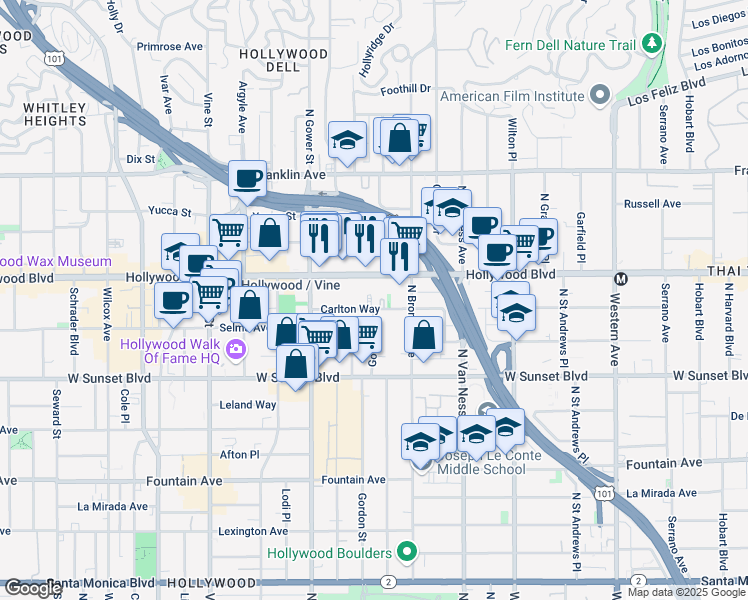 map of restaurants, bars, coffee shops, grocery stores, and more near 5962 Hollywood Boulevard in Los Angeles