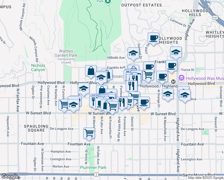 map of restaurants, bars, coffee shops, grocery stores, and more near 1633 North Poinsettia Place in Los Angeles