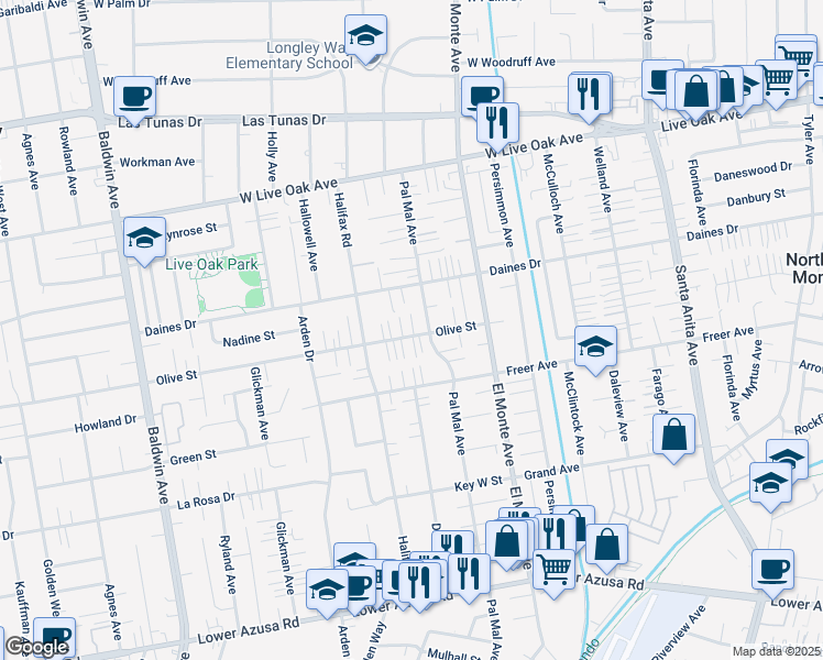 map of restaurants, bars, coffee shops, grocery stores, and more near 10569 Olive Street in Temple City
