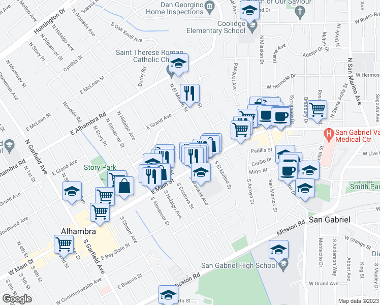 map of restaurants, bars, coffee shops, grocery stores, and more near 31 North Valencia Street in Alhambra