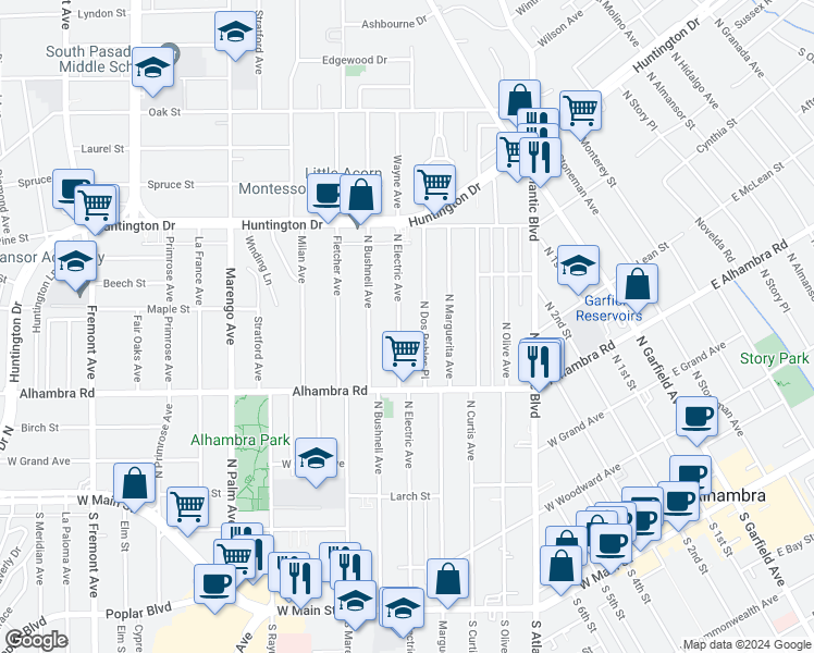 map of restaurants, bars, coffee shops, grocery stores, and more near 724 North Electric Avenue in Alhambra