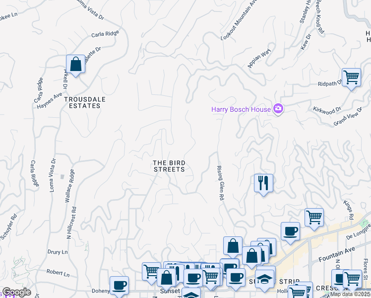 map of restaurants, bars, coffee shops, grocery stores, and more near 1535 Blue Jay Way in Los Angeles
