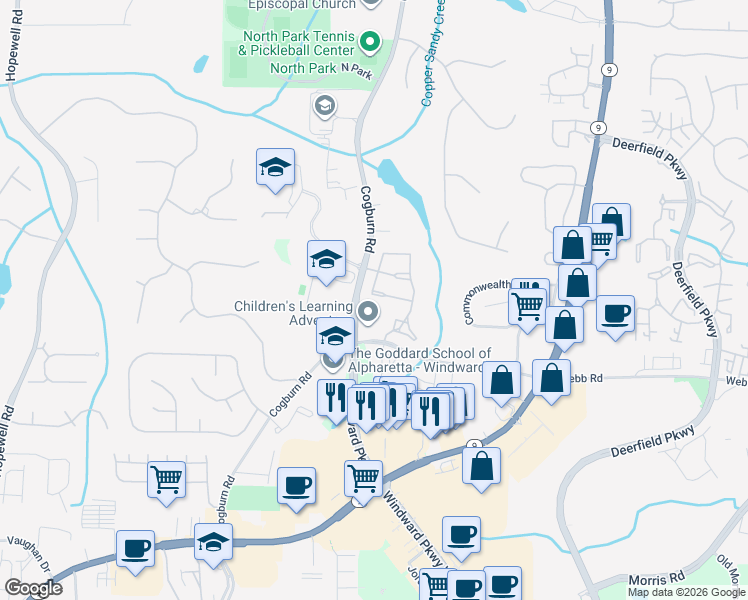 map of restaurants, bars, coffee shops, grocery stores, and more near 2764 Soneley Way in Alpharetta