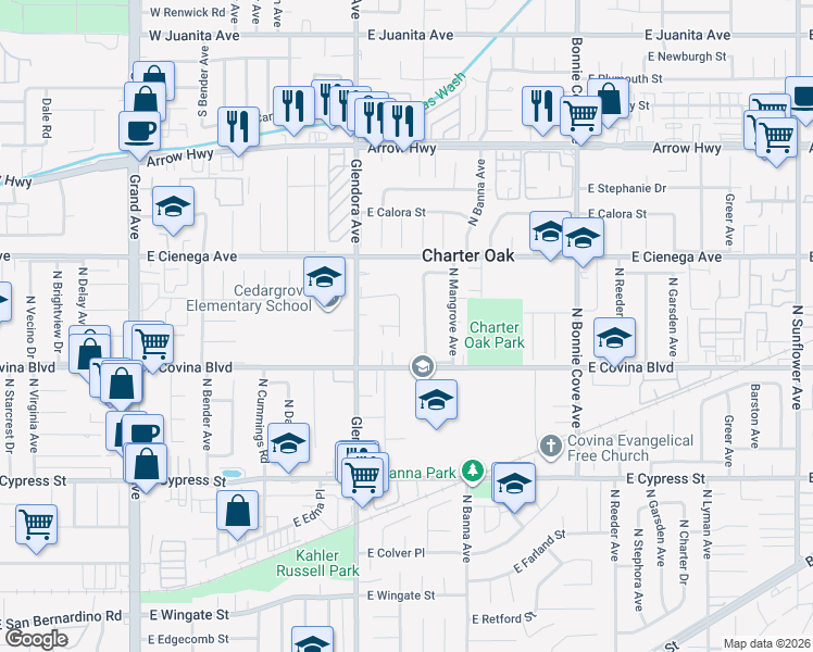 map of restaurants, bars, coffee shops, grocery stores, and more near 1158 North Ivescrest Avenue in Covina