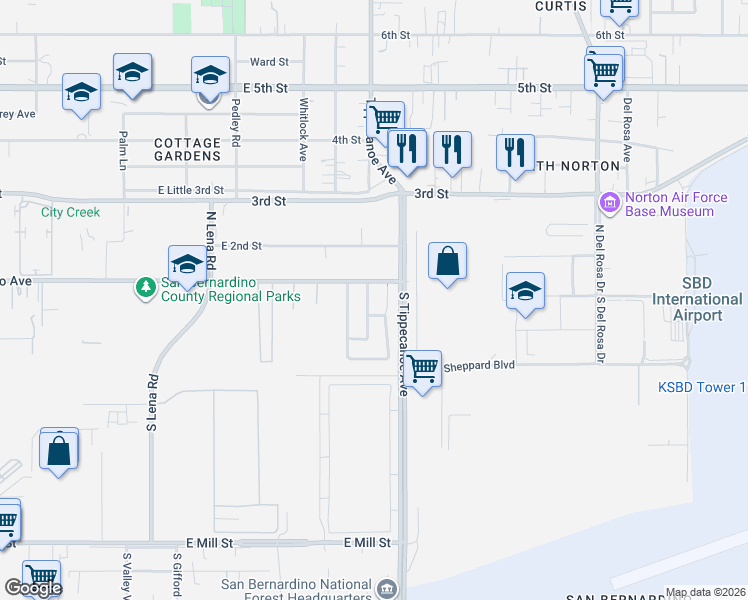 map of restaurants, bars, coffee shops, grocery stores, and more near 123 South Alameda Street in San Bernardino