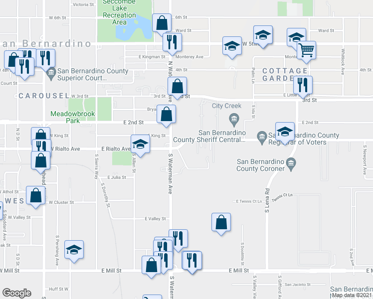 map of restaurants, bars, coffee shops, grocery stores, and more near 369 East Rialto Avenue in San Bernardino