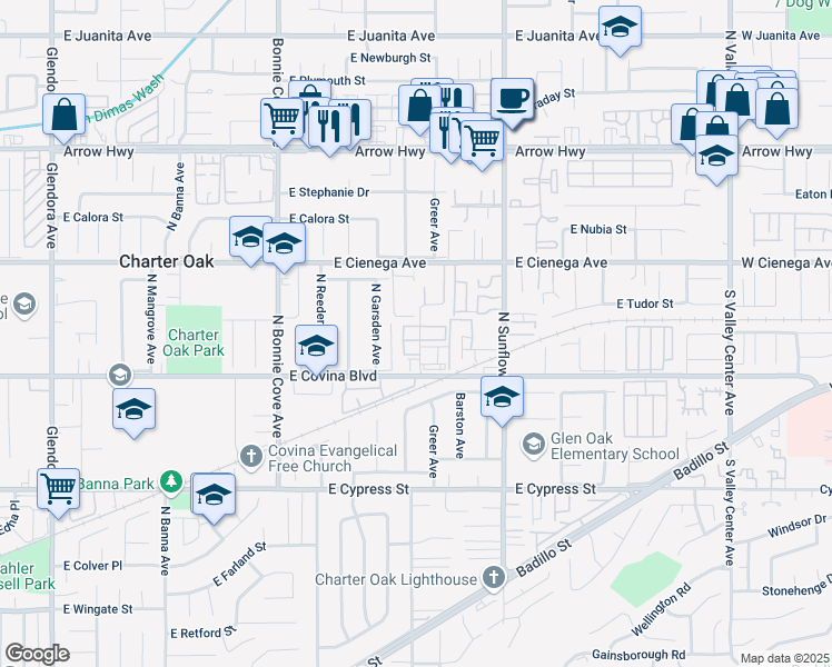 map of restaurants, bars, coffee shops, grocery stores, and more near 1172 North Charter Drive in Covina