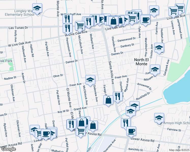 map of restaurants, bars, coffee shops, grocery stores, and more near 5333 Welland Avenue in Temple City