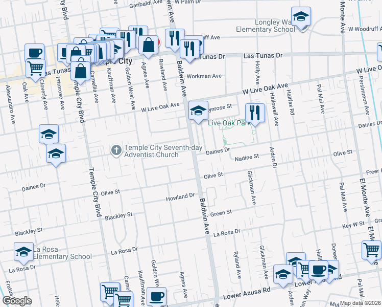 map of restaurants, bars, coffee shops, grocery stores, and more near 9957 Daines Drive in Temple City