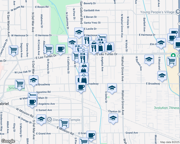 map of restaurants, bars, coffee shops, grocery stores, and more near 5575 North Charlotte Avenue in San Gabriel