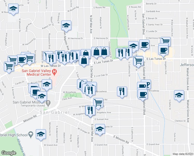 map of restaurants, bars, coffee shops, grocery stores, and more near 146 South Del Mar Avenue in San Gabriel