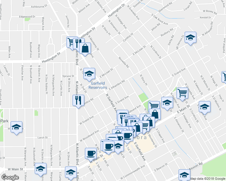 map of restaurants, bars, coffee shops, grocery stores, and more near 100 East Alhambra Road in Alhambra