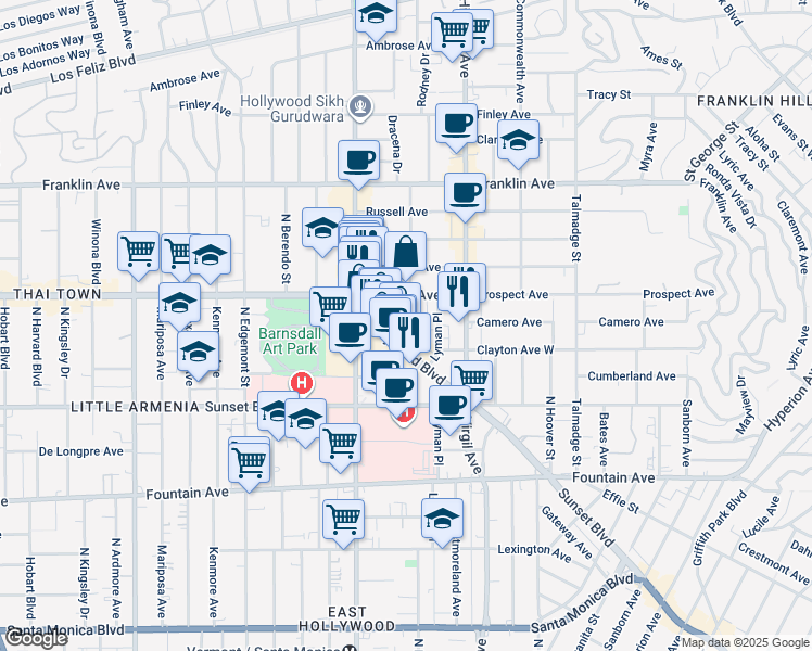 map of restaurants, bars, coffee shops, grocery stores, and more near 1645 Rodney Drive in Los Angeles