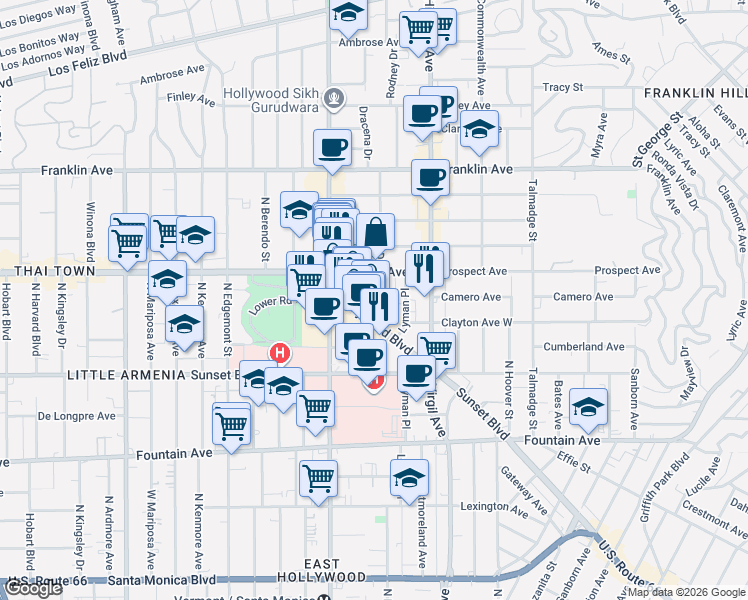 map of restaurants, bars, coffee shops, grocery stores, and more near 1645 Rodney Drive in Los Angeles