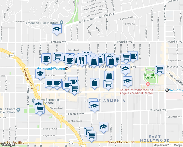 map of restaurants, bars, coffee shops, grocery stores, and more near 1640 North Hobart Boulevard in Los Angeles