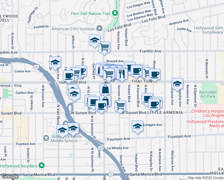 map of restaurants, bars, coffee shops, grocery stores, and more near 5427 Carlton Way in Los Angeles