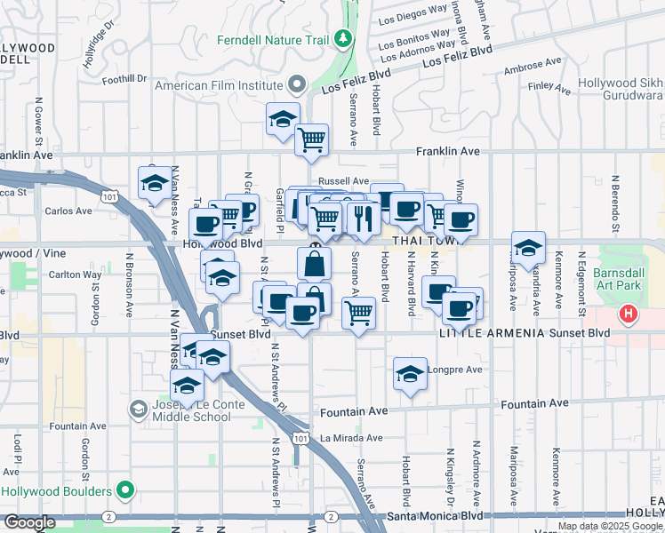 map of restaurants, bars, coffee shops, grocery stores, and more near 5427 Carlton Way in Los Angeles