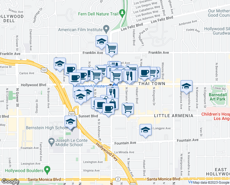 map of restaurants, bars, coffee shops, grocery stores, and more near 5427 Carlton Way in Los Angeles