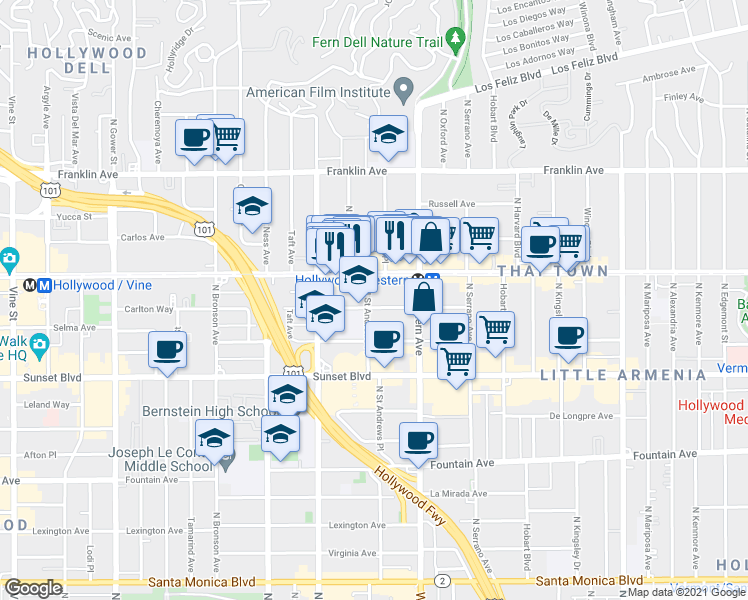 map of restaurants, bars, coffee shops, grocery stores, and more near 5545 Carlton Way in Los Angeles