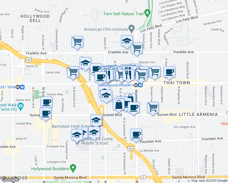 map of restaurants, bars, coffee shops, grocery stores, and more near 5633 Carlton Way in Los Angeles