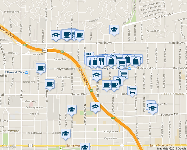 map of restaurants, bars, coffee shops, grocery stores, and more near 5705 Carlton Way in Los Angeles