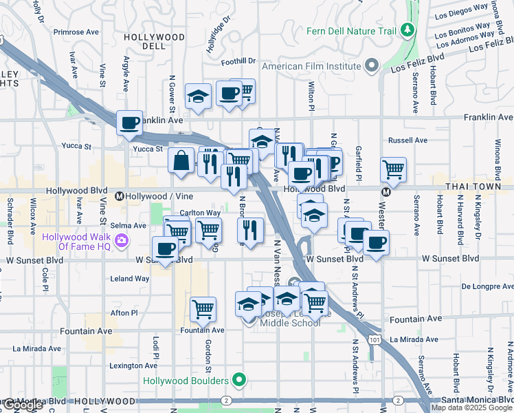 map of restaurants, bars, coffee shops, grocery stores, and more near 5831 Carlton Way in Los Angeles
