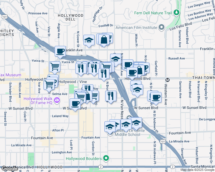 map of restaurants, bars, coffee shops, grocery stores, and more near in Los Angeles