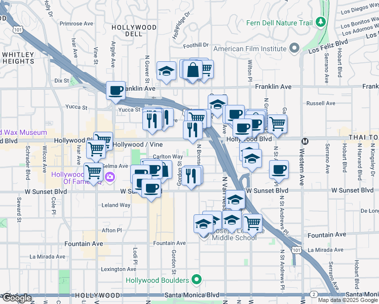 map of restaurants, bars, coffee shops, grocery stores, and more near in Los Angeles
