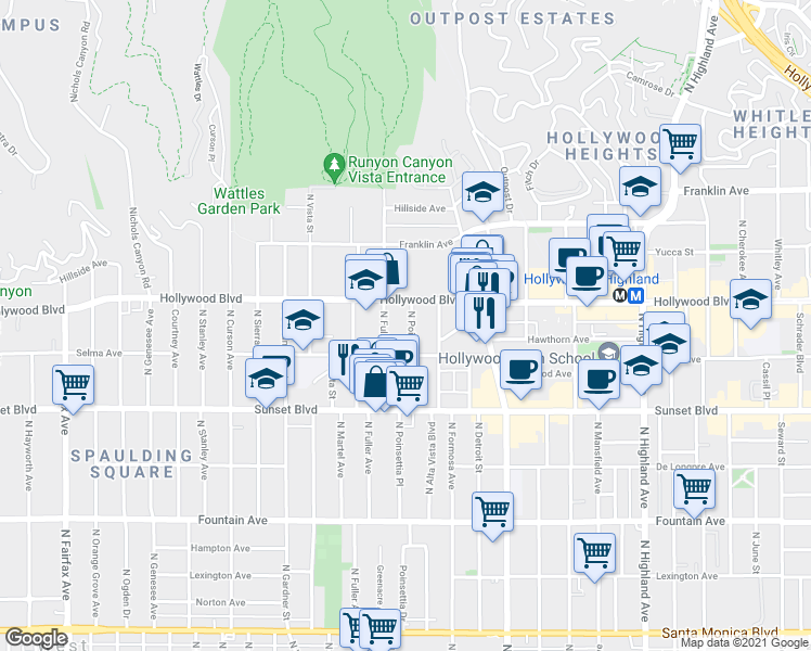 map of restaurants, bars, coffee shops, grocery stores, and more near 1636 North Fuller Avenue in Los Angeles