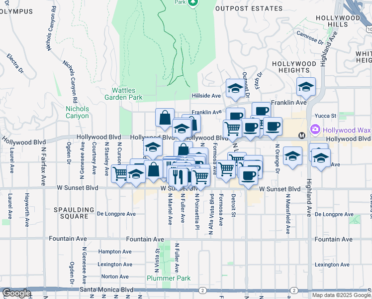 map of restaurants, bars, coffee shops, grocery stores, and more near 7300 Hollywood Boulevard in Los Angeles