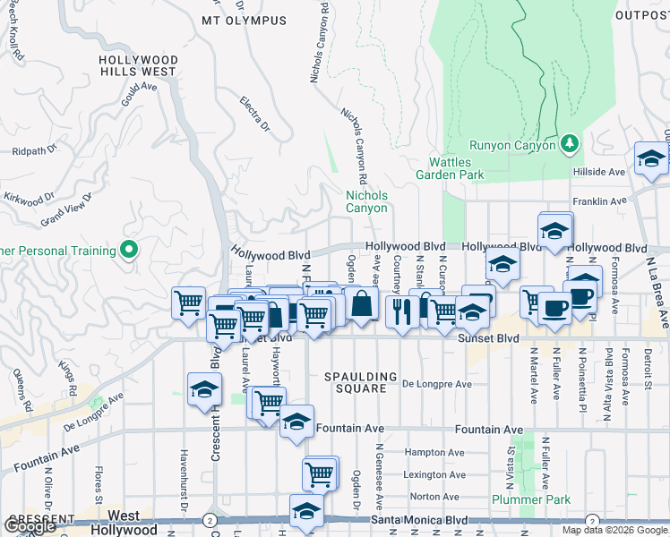 map of restaurants, bars, coffee shops, grocery stores, and more near 1640 North Orange Grove Avenue in Los Angeles